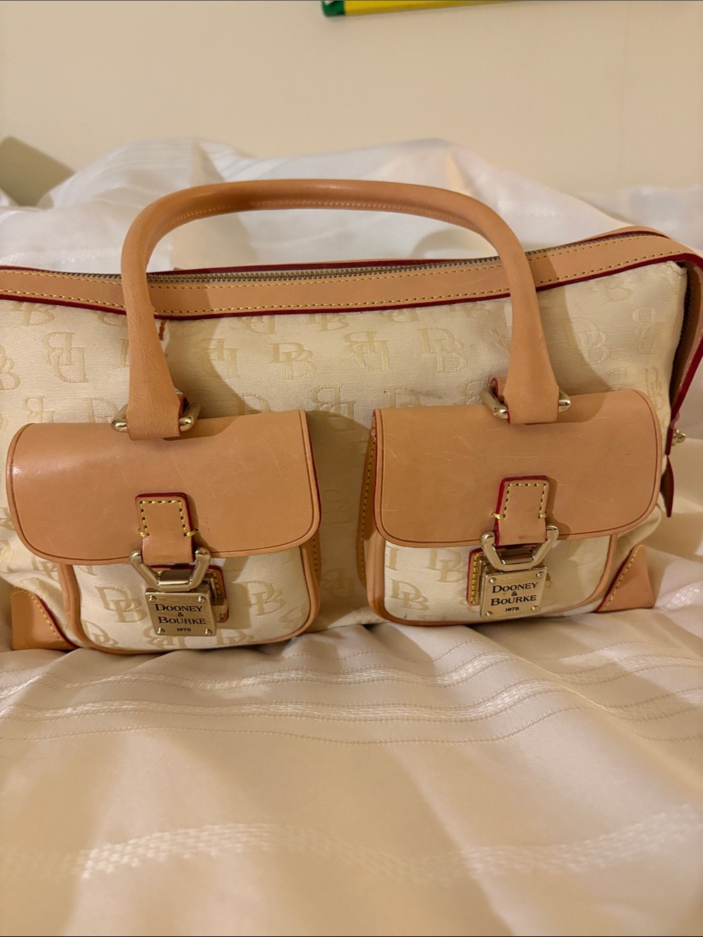 Dooney & Bourke Cream Logo Double-Pocket Satchel with Tan Trim